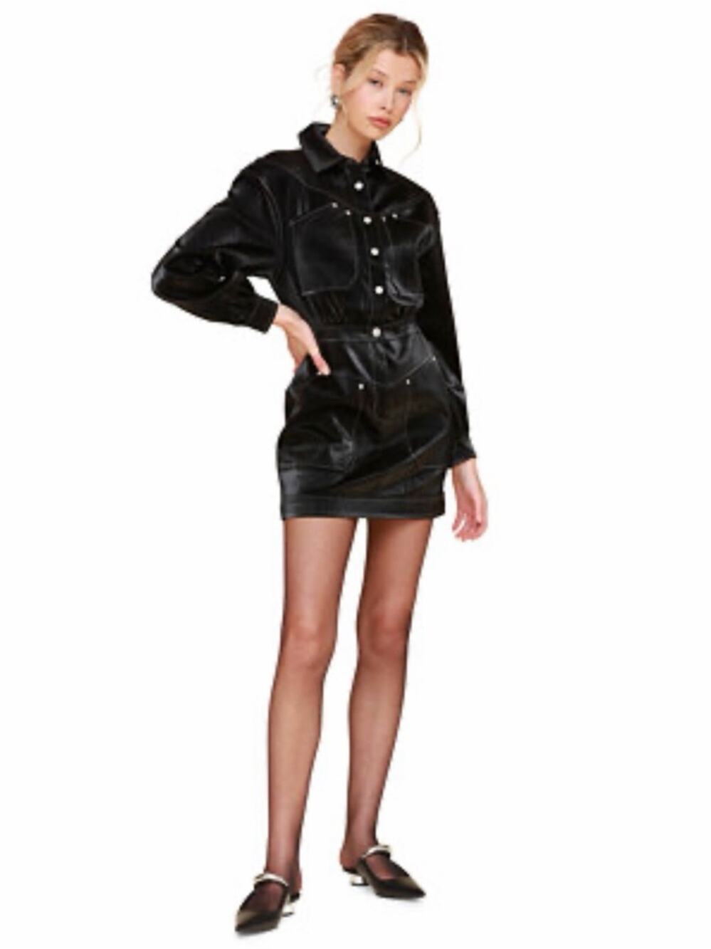 Avec Les Filles Woemn's Faux-Leather Carpenter Mini Dress - Black - 14 - NWT